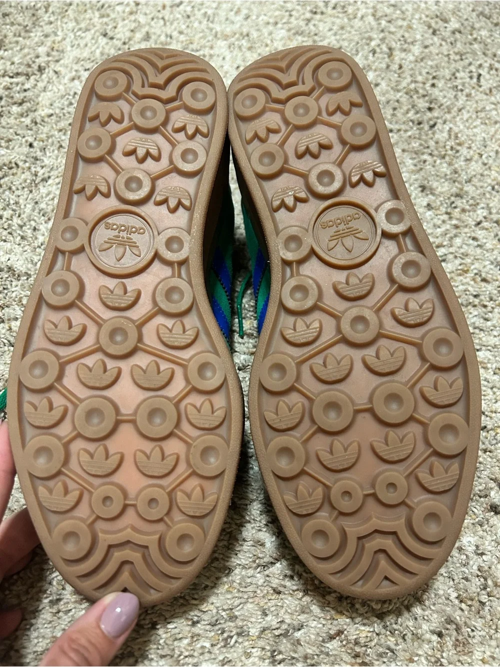 adidas Green Suede Sneakers with Blue Stripes and Gum Platform
